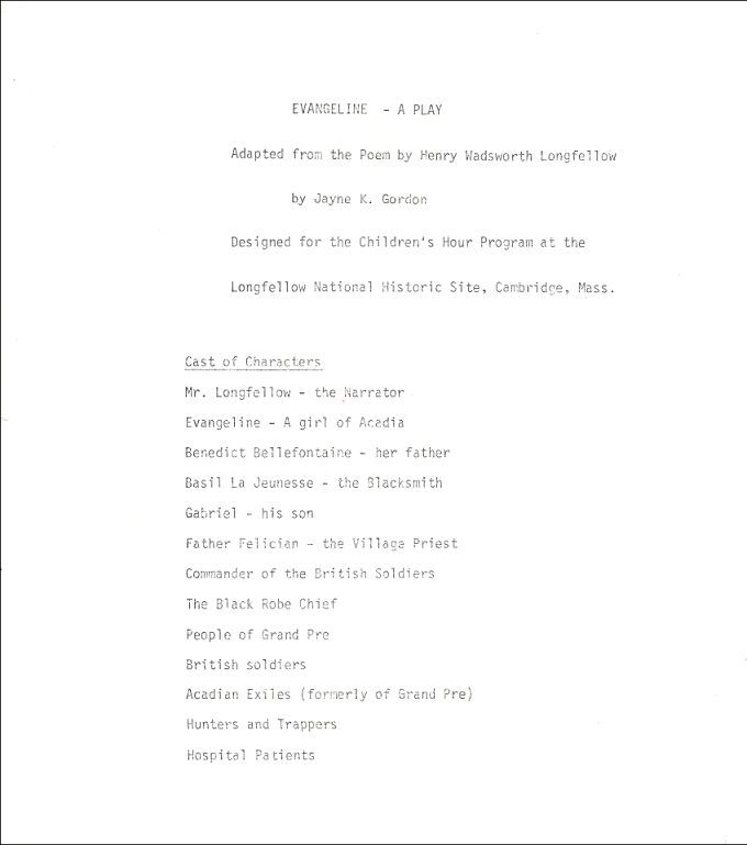 Texte d'une pièce de théâtre intitulée «&nbsp;Évangéline&nbsp;»