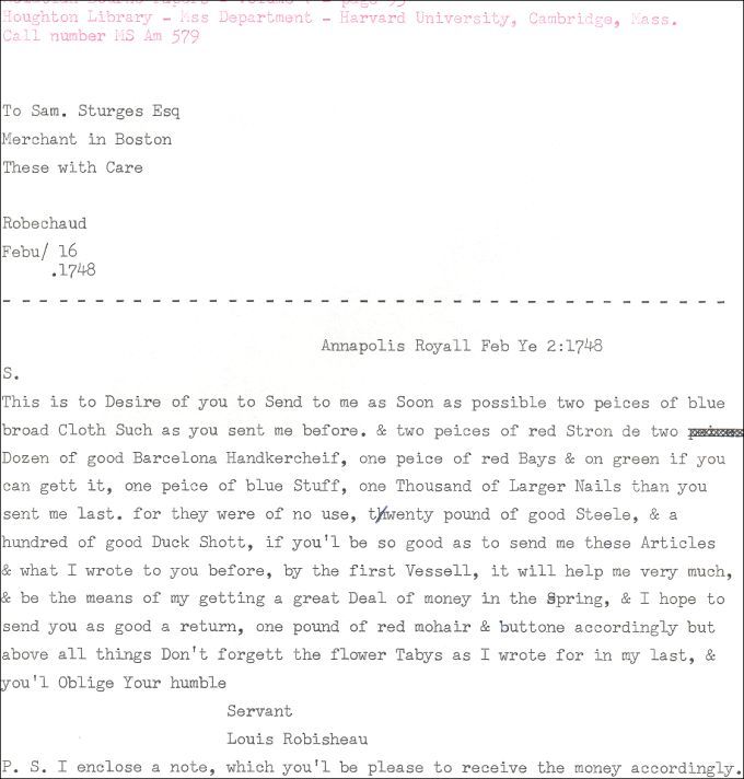 Letter from Louis Robichaud to a Boston merchant, 1748