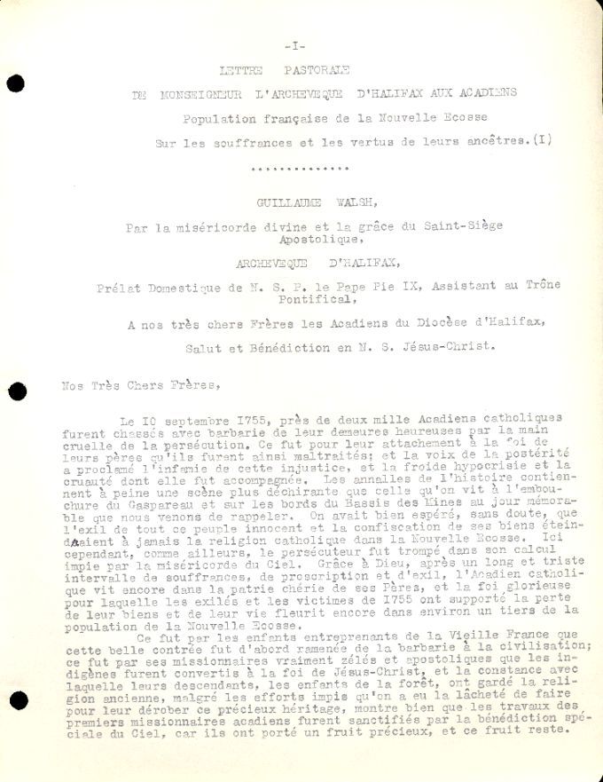 Episcopal letter from Halifax's Archbishop to the Acadians, 1855