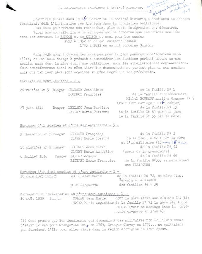 La descendance acadienne à Belle-Île-en-Mer, 1969