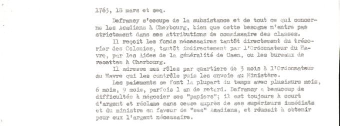 Correspondence summary concerning the Acadians at Cherbourg, 1763