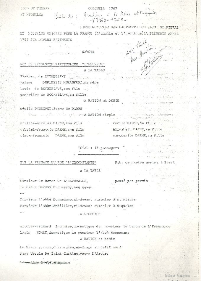 List of inhabitants of Saint-Pierre-et-Miquelon, 1767