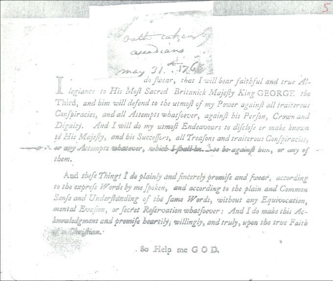 Legal document of the oath of loyalty to the British Crown, 1768
