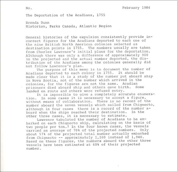 Text concerning the ships that were used during the Deportation of 1755