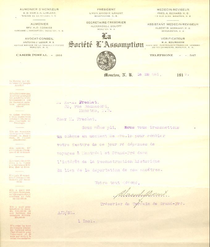 Correspondence, construction of the memorial church at Grand-Pré, 1919