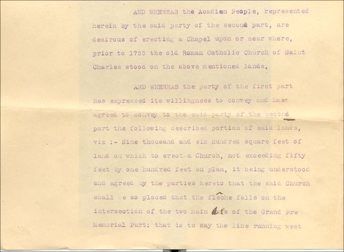 Sales contract of the grounds of the futur memorial church in Grand-Pré, 1919