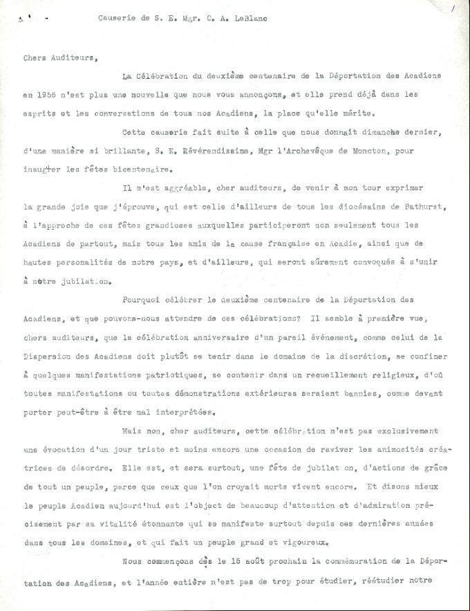 Discours radiophonique de Mgr Camille A. LeBlanc, 1954