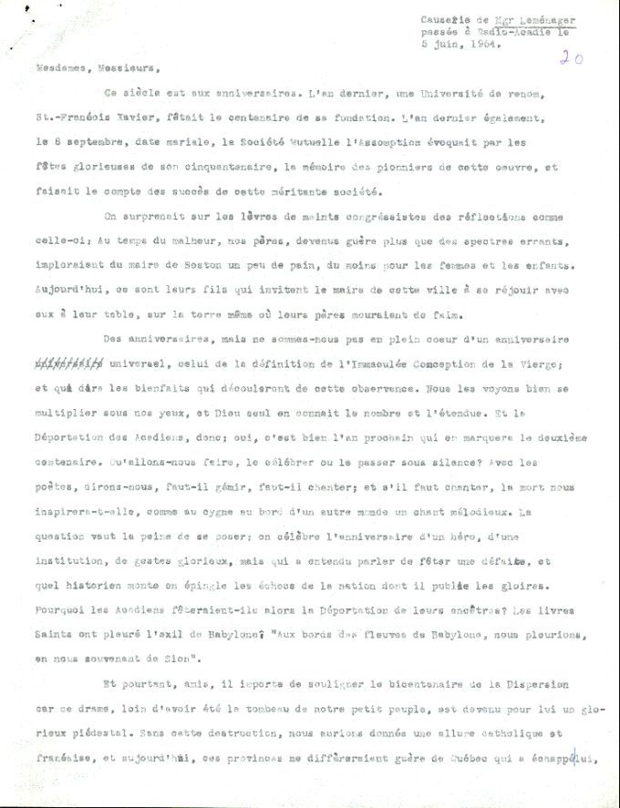 Discours radiophonique de Mgr Albert Leménager, 1954