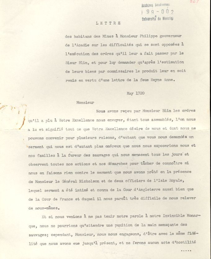 Letter from the inhabitants of l'Acadie to Phillips, 1720