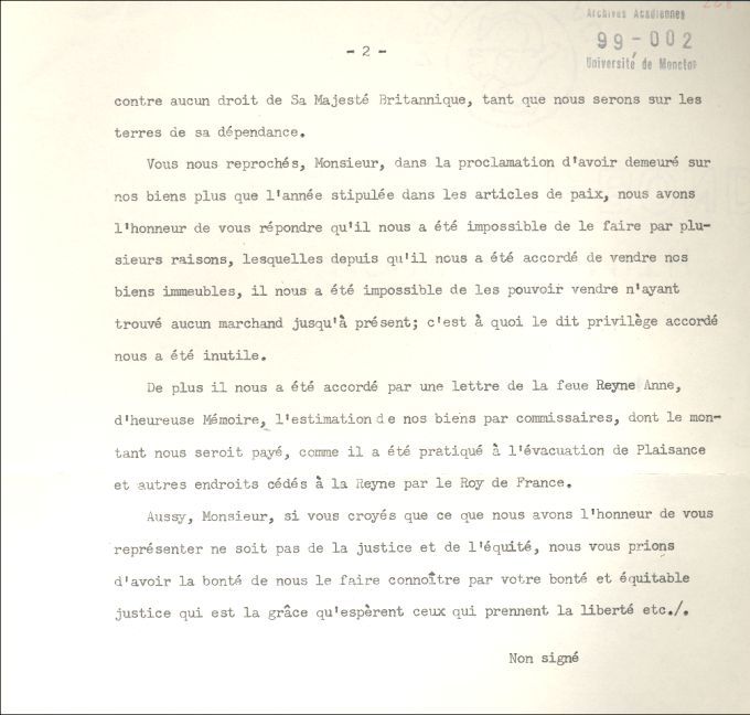 Lettre des habitants de l'Acadie à Phillips, 1720
