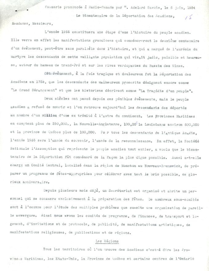 Discours radiophonique d'Adélard Savoie, 1954