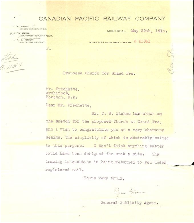 Correspondence, construction of the memorial church in Grand-Pré, 1919