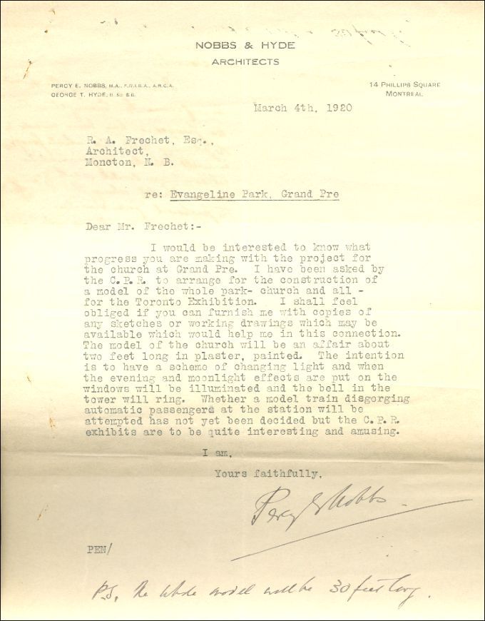 Correspondence, construction of the memorial church in Grand-Pré, 1920