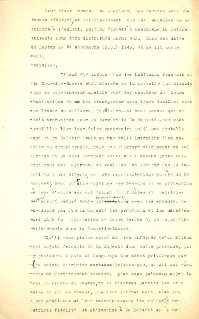 Correspondence, William Shirley, commented by Placide Gaudet