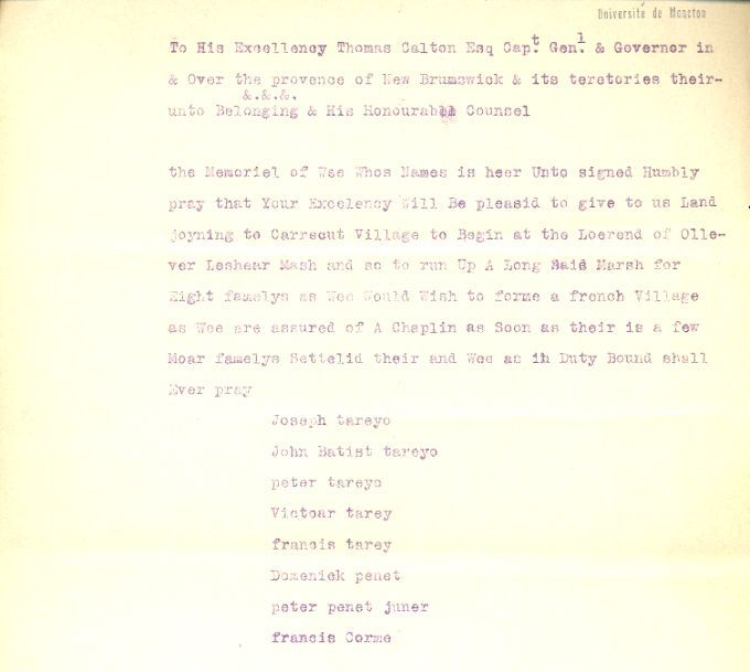 Demande de concessions de terres à Caraquet par des Acadiens, 1786