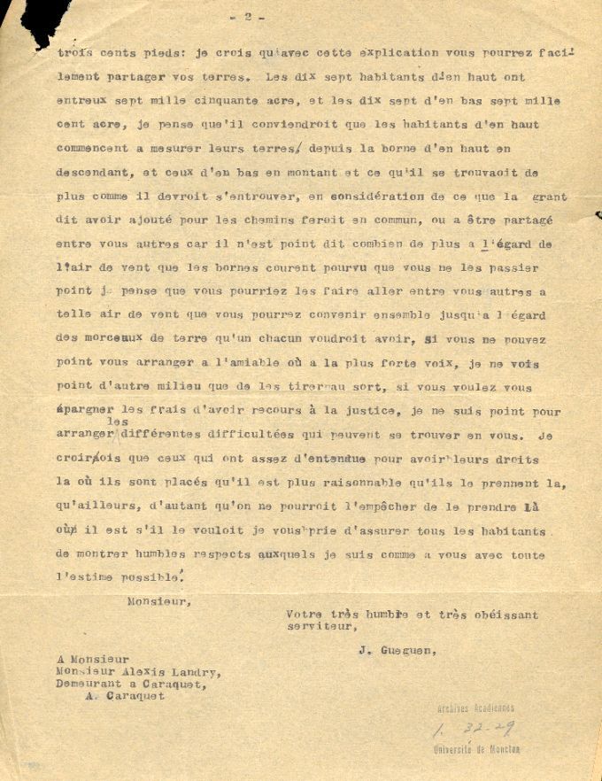 Letter from Joseph Guéguen to Alexis Landry, 1785