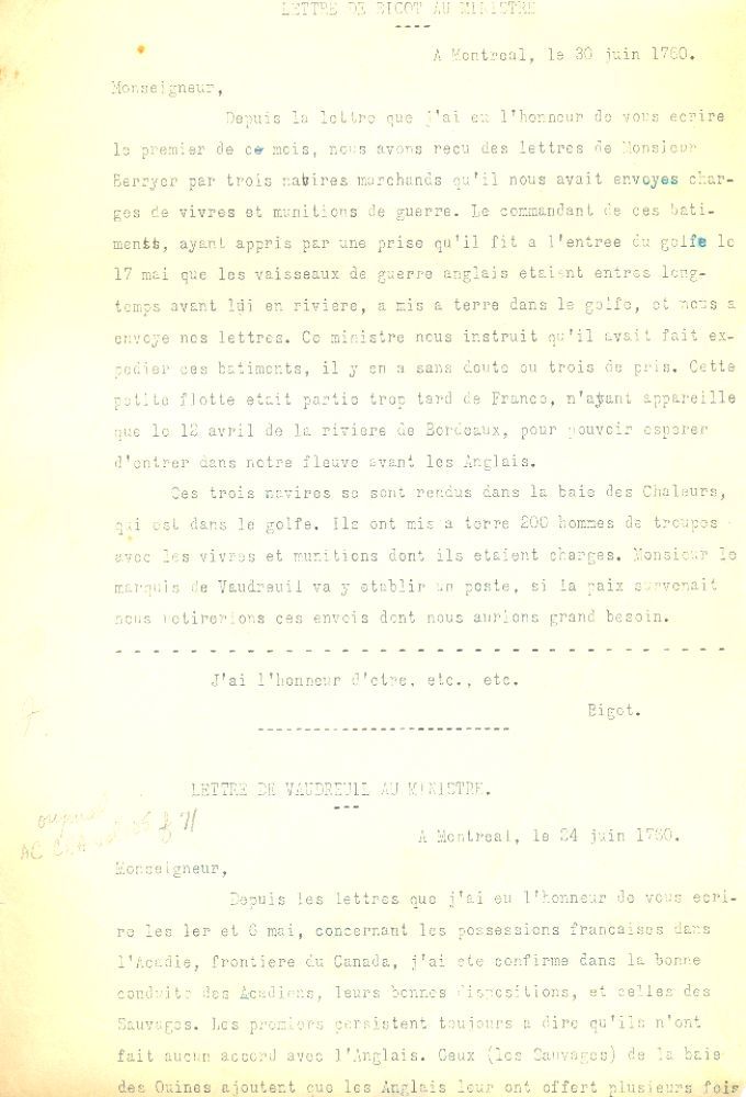 Lettre de Vaudreuil au ministre de la Marine, 1760