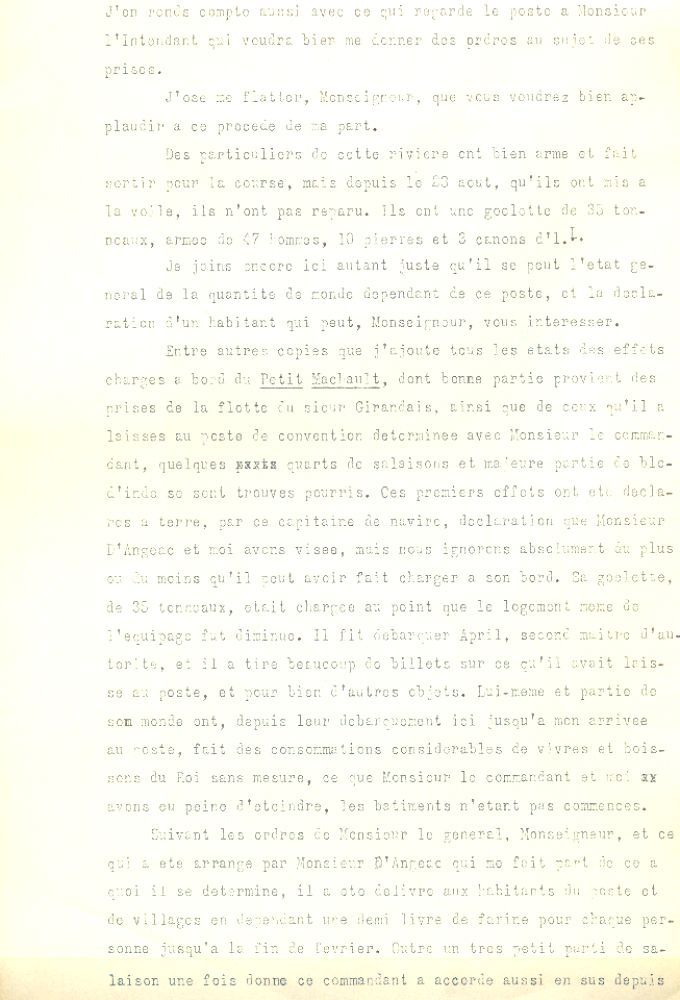 Letter from Bazagier to the Naval Minister, 1760