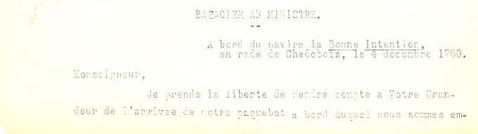 Letter from Bazagier to the Naval Minister, 1760