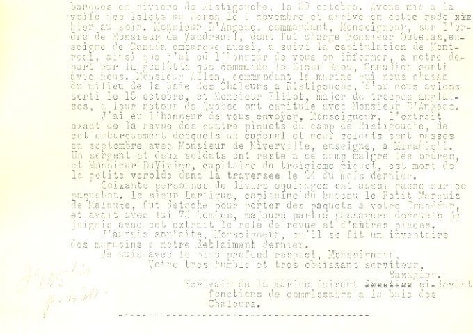 Letter from Bazagier to the Naval Minister, 1760