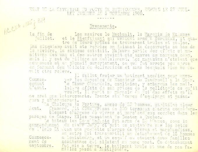 État de la situation au poste de Restigouche, 1760