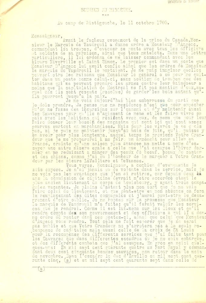 Lettre de Bourdon au ministre de la Marine, 1760
