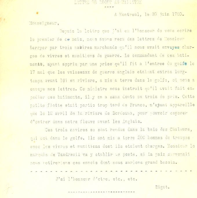 Letter from Bigot to the Naval Minister, 1760