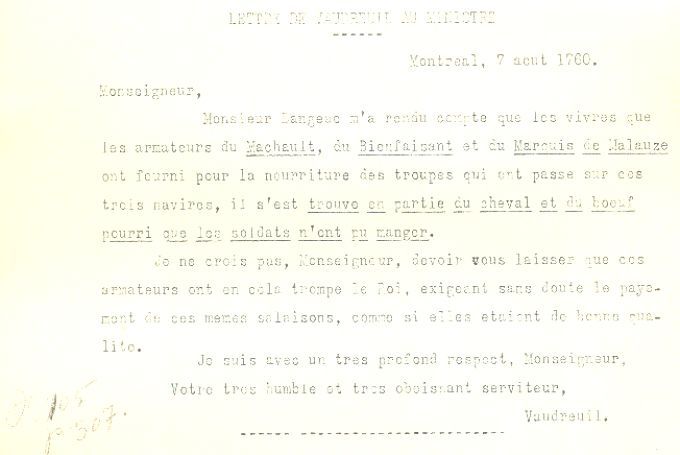 Letter from Vaudreuil to the Naval Minister, 1760