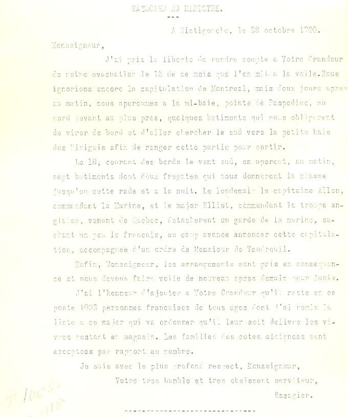 Letter from Bazagier to the Naval Minister, 1760