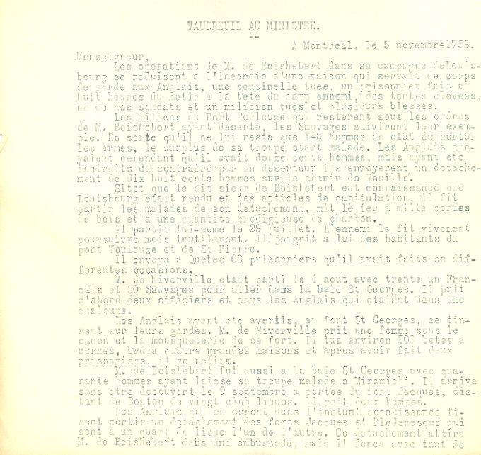 Letter from Vaudreuil to the Naval Minister, 1758