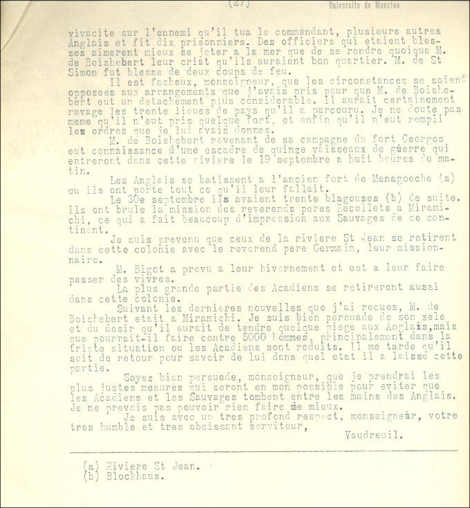 Lettre de Vaudreuil au ministre de la Marine, 1758