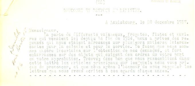 Letter from Drucour and Prevost to the Naval Minister, 1757