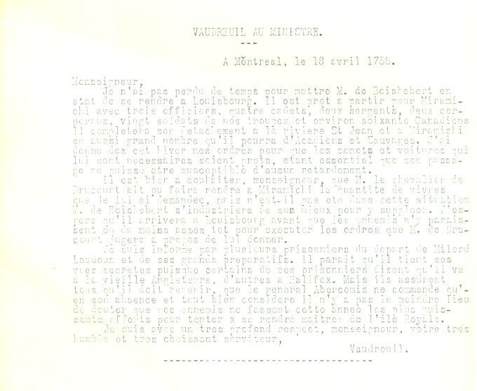 Letter from Vaudreuil to the Naval Minister, 1758