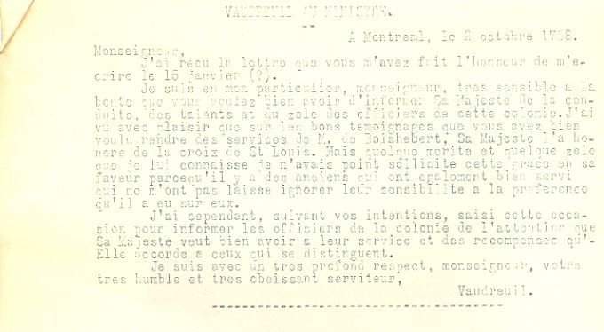 Letter from Vaudreuil to the Naval Minister, 1758