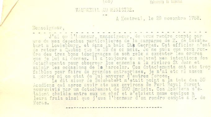 Lettre de Vaudreuil au ministre de la Marine, 1758