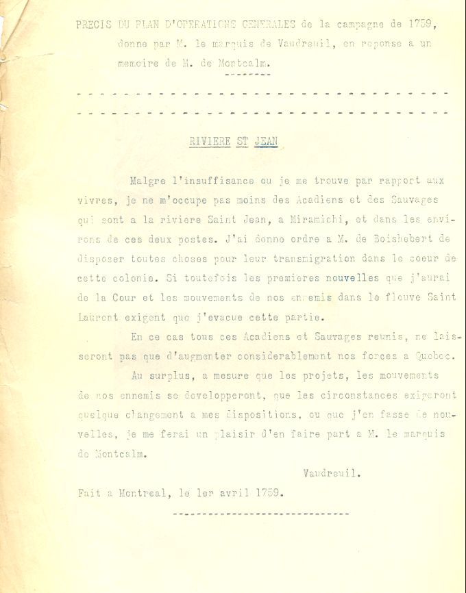 Operation plan of the 1759 campaign of the St. John River