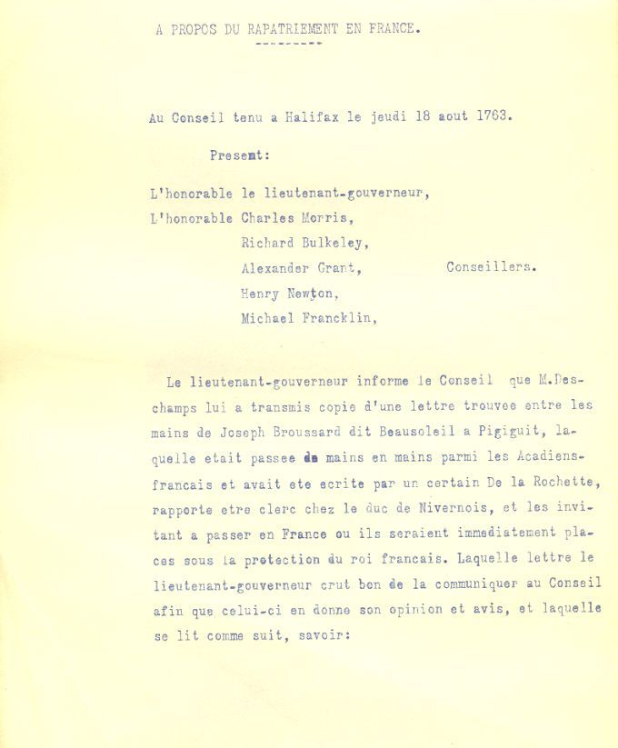 Repatriation in France of Acadian prisoners in England, 1763
