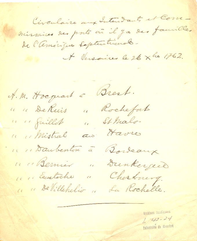 Ports in France that harboured Acadians in 1762
