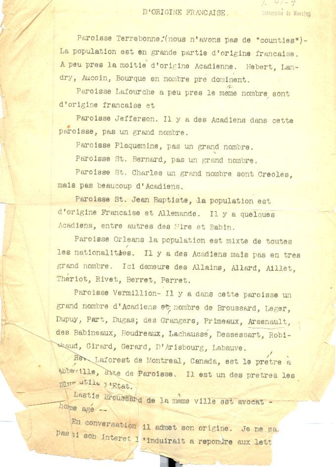Acadian population in various Louisiana parishes, 1906