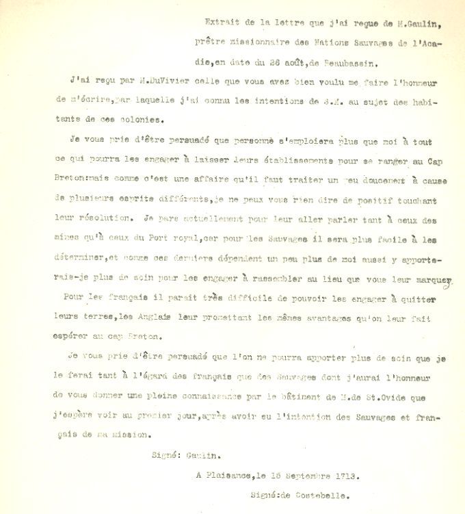 Letter from Pastour de Costebelle, 1713