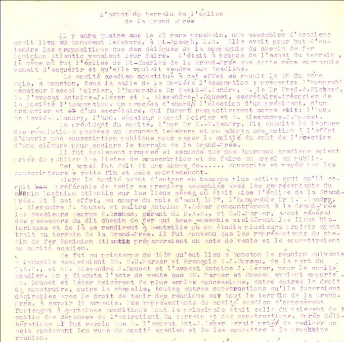 Historique de l'achat du terrain de l'église-souvenir de Grand-Pré