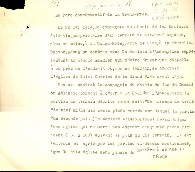 Description of the parcel of land of the memorial church in Grand-Pré