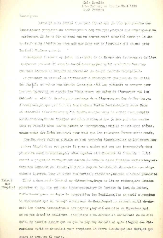 Letter from Pensens to the Naval Minister, 1730