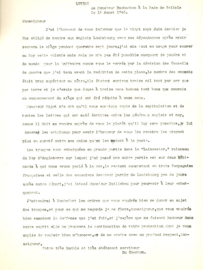 Lettre de Duchambon au ministre de la Marine, 1754