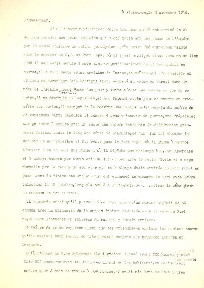 Letter from Durand de la Garenne to the Naval Minister, 1710