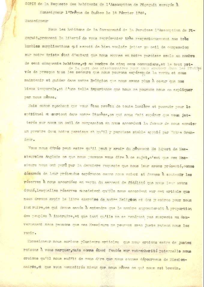 Petition by the inhabitants of Pigiguit to Québec's Bishop, 1749