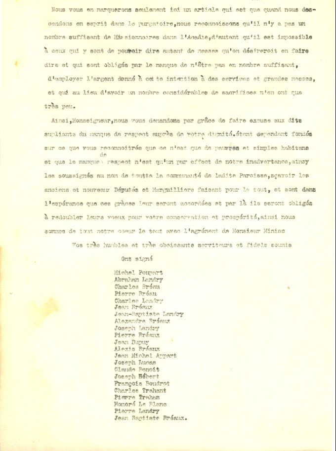 Requête des habitants de Pigiguit à l'évêque de Québec, 1749