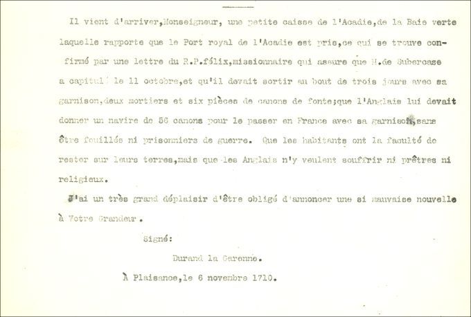 Letter from Durand de la Garenne to the Naval Minister, 1710