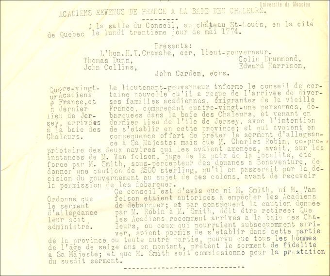 Acadians exiled to France that later returned the the baie des Chaleurs, 1774