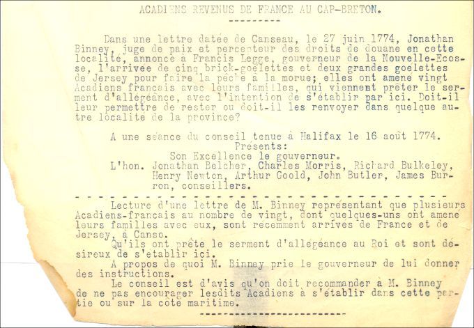 Acadians from France that returned to Cape Breton